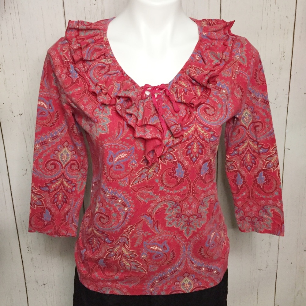 LRL Lauren Jeans Co Red Top ruffle neck boho print